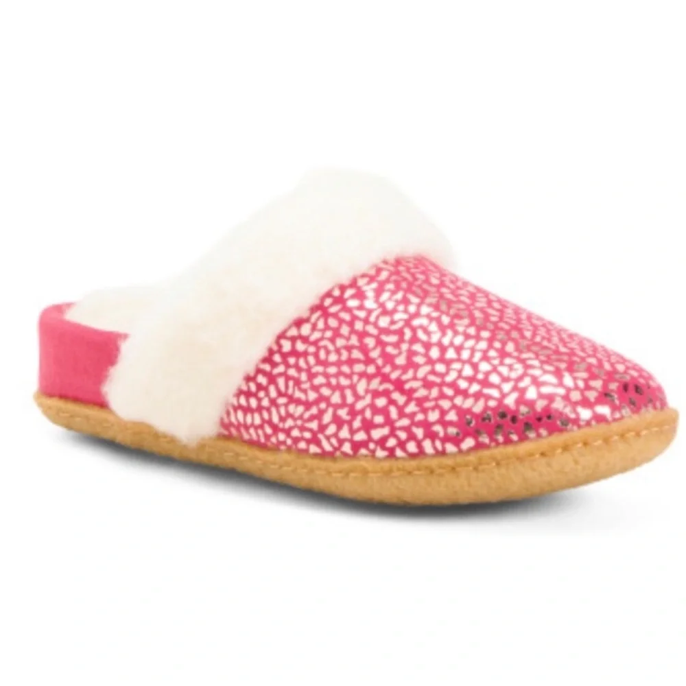 Sorel Hot Pink Silver White Girl’s Faux Fur-lined Suede Slide Slippers 3